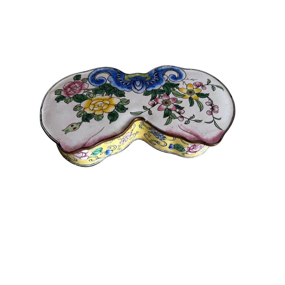 Vintage Enamel Eye Glass Trinket Box Floral‎ Design with Lid